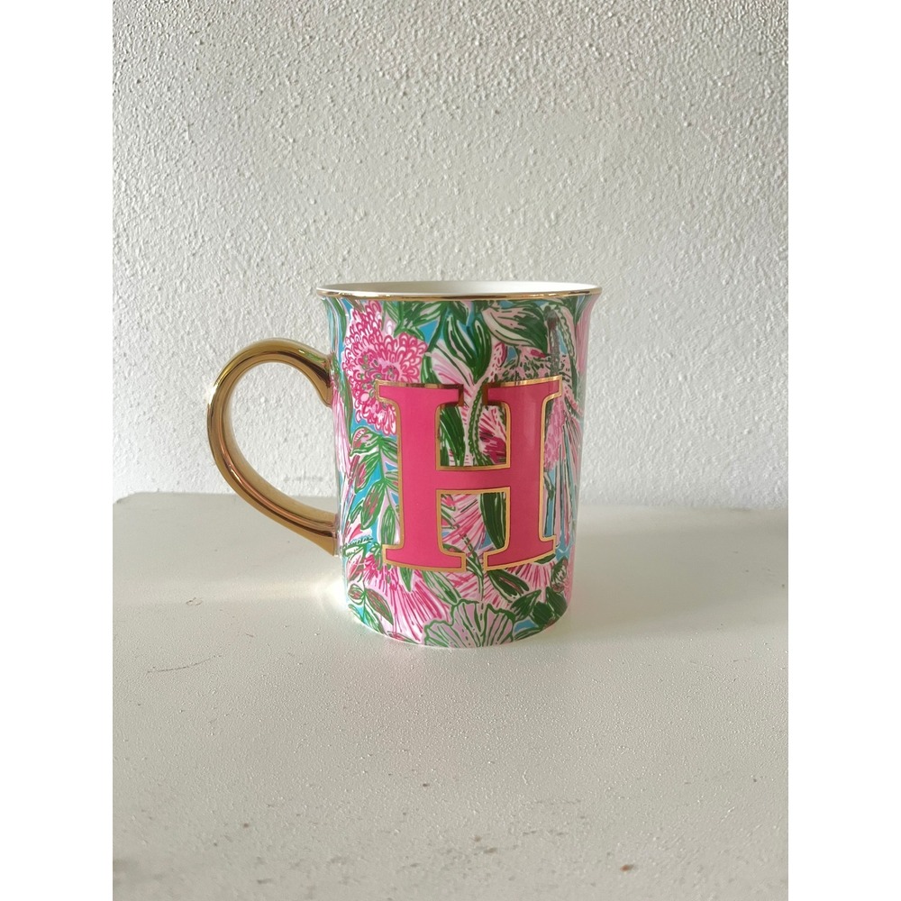 Lilly Pulitzer Floral Initial H Coffee Mug Gold Handle Pink Green Ceramic Cup